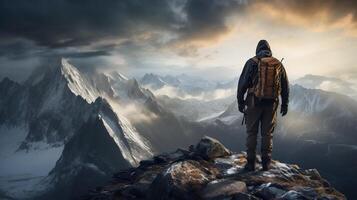 AI Generative A hooded warrior man stands atop a rugged mountain peak photo