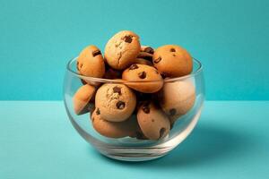 A glass bowl filled with chocolate chip cookies on a solid color background. photo