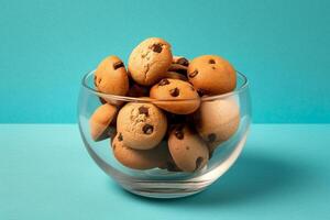 AI Generative A glass bowl filled with chocolate chip cookies on a solid color  background. photo