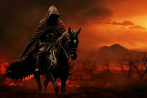 AI Generative soldier on horse in battle ground with hidden face , Ashura day concept photo