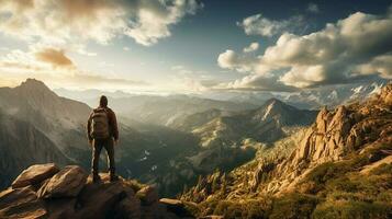 AI Generative A hooded warrior man stands atop a rugged mountain peak photo