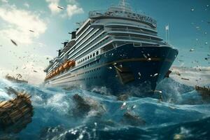 AI Generative a heavy Cruise ship drown into the sea photo