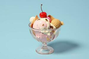 AI Generativeice cream in a glass bowl on solid color background photo