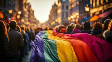 protesters holding Rainbow color Flag photo