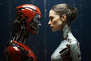 human and robot cyborg against of each other , Artificial intelligence concept photo