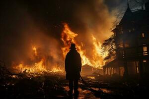 Firefighters extinguish a burning house in the village at night. photo