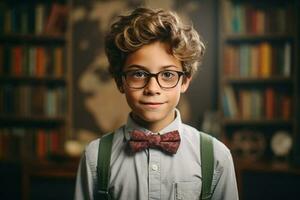 AI Generative a young boy posing in front of chalkboard with back to school concept photo