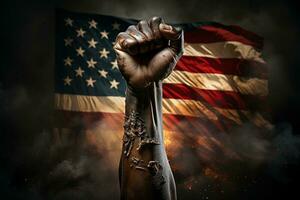 black fist raised in the front of the American flag photo