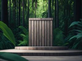 3D render Wooden podium mockup in tropical forest for product presentation and green background. photo