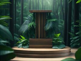 3D render Wooden podium mockup in tropical forest for product presentation and green background.Generative AI photo