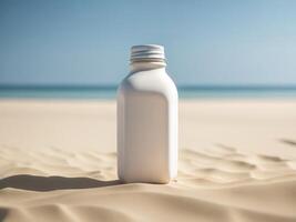 blank Empty square drink bottle mockup in sand beach for product presentation and beach background. photo