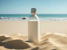 blank Empty drink bottle mockup in sand beach for product presentation and beach background.generative AI photo
