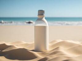 blank Empty drink bottle mockup in sand beach for product presentation and beach background. photo