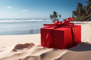 Empty gift box open mockup in sandy beach for product presentation and sea background. photo