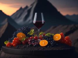 blank The wine glass is decorated with fruit on top of the glass podium mockup in lava stream for product presentation and lava mountain ground background. photo