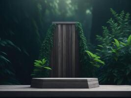 3D render Wooden podium mockup in tropical forest for product presentation and green background. photo