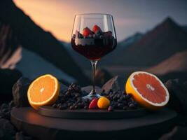 blank The wine glass is decorated with fruit on top of the glass podium mockup in lava stream for product presentation and lava mountain ground background.Generative AI photo