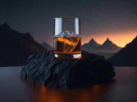 blank Whiskey glass with a small round ice cube in the glass podium mockup in lava stream for product presentation and lava mountain ground background.Generative AI photo