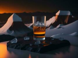 blanco whisky vaso con un pequeño redondo hielo cubo en el vaso podio Bosquejo en lava corriente para producto presentación y lava montaña suelo fondo.generativo ai foto
