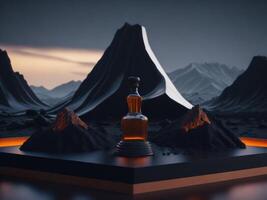 blank decanter podium mockup in lava stream for product presentation and lava mountain ground background.Generative AI. photo