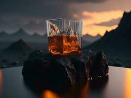 blank Whiskey glass with a small round ice cube in the glass podium mockup in lava stream for product presentation and lava mountain ground background.Generative AI photo