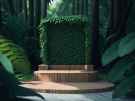 3D render Wooden podium mockup in tropical forest for product presentation and green background. photo