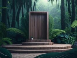 3D render Wooden podium mockup in tropical forest for product presentation and green background. photo