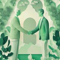 business hand shaking, paper art style illustration, pastel color theme. photo