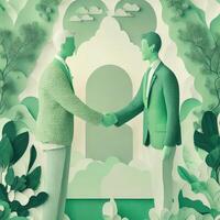 business hand shaking, paper art style illustration, pastel color theme.Generative AI photo