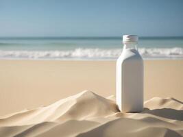 blank Empty square drink bottle mockup in sand beach for product presentation and beach background. photo