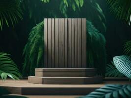 3d hacer de madera podio Bosquejo en tropical bosque para producto presentación y verde fondo.generativo ai foto