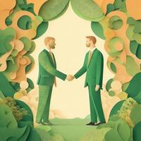 business hand shaking, paper art style illustration, pastel color theme. photo