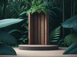 3D render Wooden podium mockup in tropical forest for product presentation and green background. photo