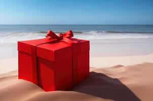 Empty gift box open mockup in sandy beach for product presentation and sea background. photo