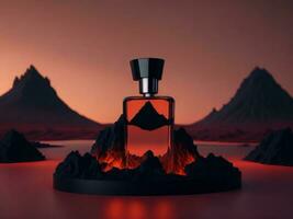 blank perfume bottle podium mockup in lava stream for product presentation and lava mountain ground background.Generative AI. photo