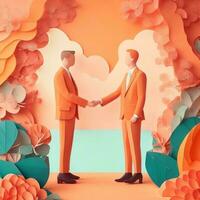 business hand shaking, paper art style illustration, pastel color theme.Generative AI photo