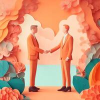 business hand shaking, paper art style illustration, pastel color theme. photo