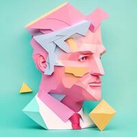 businessman head, paper art style illustration, pastel color theme. photo