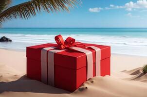 Empty gift box open mockup in sandy beach for product presentation and sea background. photo
