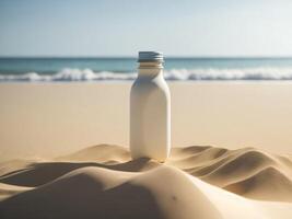 blank Empty drink bottle mockup in sand beach for product presentation and beach background. photo