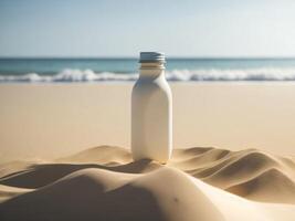 blank Empty drink bottle mockup in sand beach for product presentation and beach background.generative AI photo