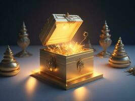 3d rendering of podium mockup promotion sale with A treasure box that was opened and lit from within, shopping.Generative AI photo