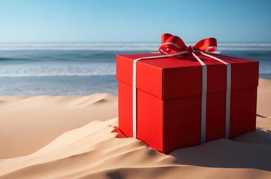 Empty gift box open mockup in sandy beach for product presentation and sea background. photo