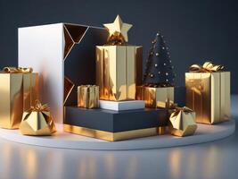 3d rendering of podium mockup promotion sale with gifts, shopping. photo