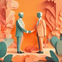 business hand shaking, paper art style illustration, pastel color theme.Generative AI photo