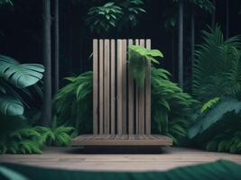 3D render Wooden podium mockup in tropical forest for product presentation and green background. photo