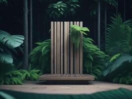 3D render Wooden podium mockup in tropical forest for product presentation and green background.Generative AI photo