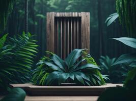 3D render Wooden podium mockup in tropical forest for product presentation and green background. photo
