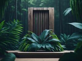 3D render Wooden podium mockup in tropical forest for product presentation and green background.Generative AI photo