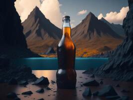 blank soda bottle podium mockup in lava stream for product presentation and lava mountain ground background.. photo